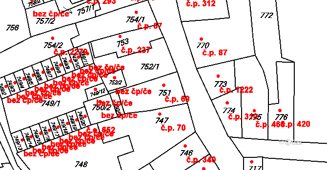 Předměstí 69, Litoměřice na parcele st. 751 v KÚ Litoměřice, Katastrální mapa
