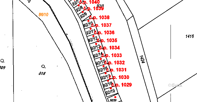 Dobšice 1034 na parcele st. 92/14 v KÚ Dobšice u Znojma, Katastrální mapa