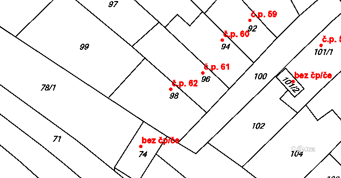 Bylnice 62, Brumov-Bylnice na parcele st. 98 v KÚ Bylnice, Katastrální mapa