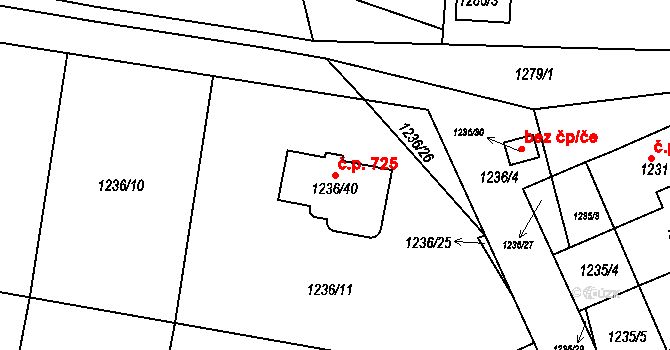 Proboštov 725 na parcele st. 1236/40 v KÚ Proboštov u Teplic, Katastrální mapa