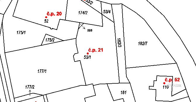 Srlín 21, Bernartice na parcele st. 53/1 v KÚ Srlín, Katastrální mapa