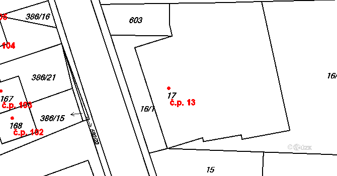 Hrušová 13 na parcele st. 17 v KÚ Hrušová, Katastrální mapa