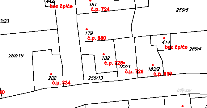 Rudná 725 na parcele st. 182 v KÚ Hořelice, Katastrální mapa