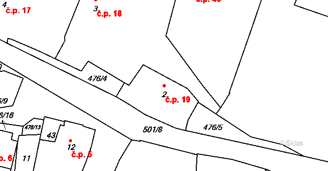 Bořice 19, Zahořany na parcele st. 2 v KÚ Bořice u Domažlic, Katastrální mapa