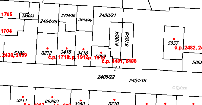 Zelené Předměstí 2480,2481, Pardubice na parcele st. 5100/3 v KÚ Pardubice, Katastrální mapa
