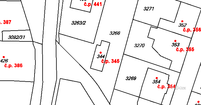Lysice 345 na parcele st. 344 v KÚ Lysice, Katastrální mapa