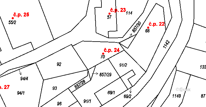 Hrabová 24 na parcele st. 70 v KÚ Hrabová u Dubicka, Katastrální mapa