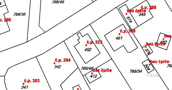 Merklín 323 na parcele st. 452 v KÚ Merklín u Přeštic, Katastrální mapa