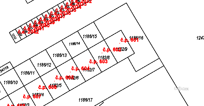 Mariánské Údolí 602, Hlubočky na parcele st. 1182/8 v KÚ Hlubočky, Katastrální mapa