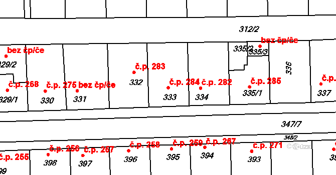 Hlohovec 284 na parcele st. 333 v KÚ Hlohovec, Katastrální mapa