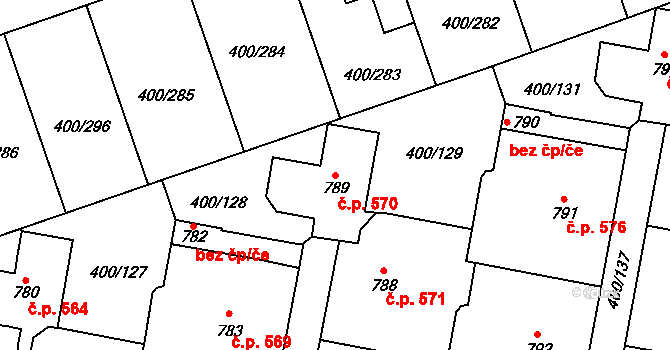 Horoměřice 570 na parcele st. 789 v KÚ Horoměřice, Katastrální mapa