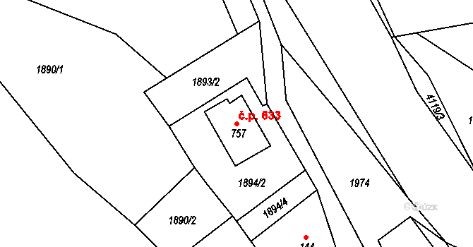 Kozlovice 633 na parcele st. 757 v KÚ Kozlovice, Katastrální mapa