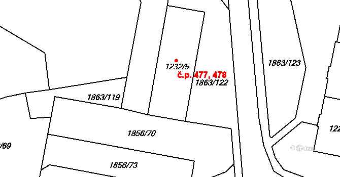 Planá 477,478 na parcele st. 1232/5 v KÚ Planá u Mariánských Lázní, Katastrální mapa