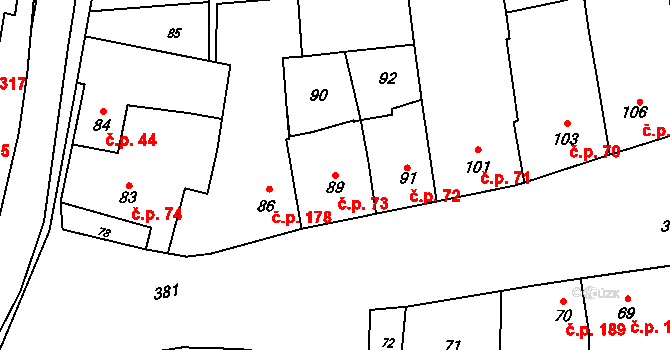 Křelov 73, Křelov-Břuchotín na parcele st. 89 v KÚ Křelov, Katastrální mapa