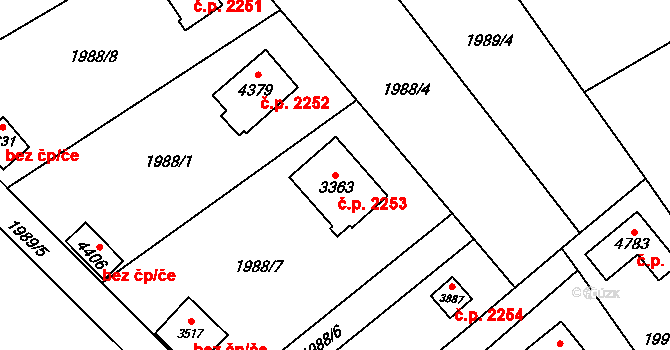 Rožnov pod Radhoštěm 2253 na parcele st. 3363 v KÚ Rožnov pod Radhoštěm, Katastrální mapa