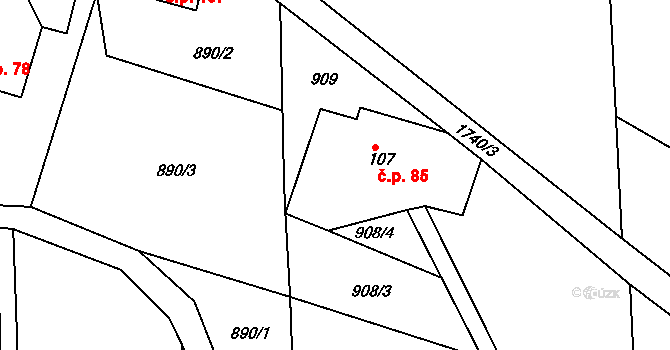 Dolní Heřmanice 85, Horní Heřmanice na parcele st. 107 v KÚ Dolní Heřmanice v Čechách, Katastrální mapa