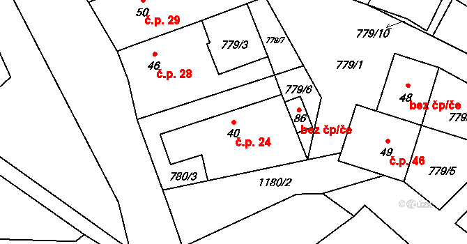Račerovice 24, Třebíč na parcele st. 40 v KÚ Račerovice, Katastrální mapa
