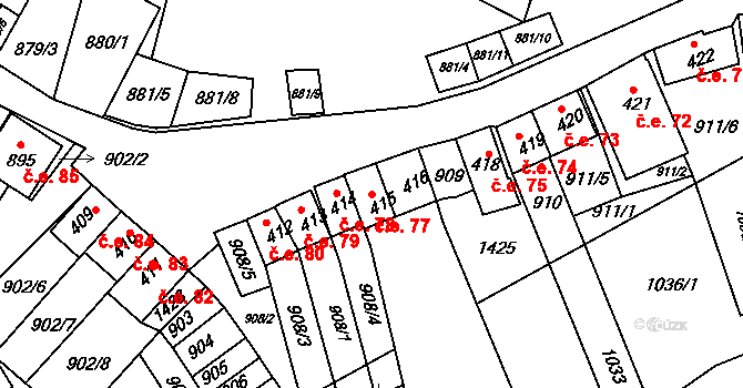 Chvalovice 77 na parcele st. 415 v KÚ Chvalovice, Katastrální mapa