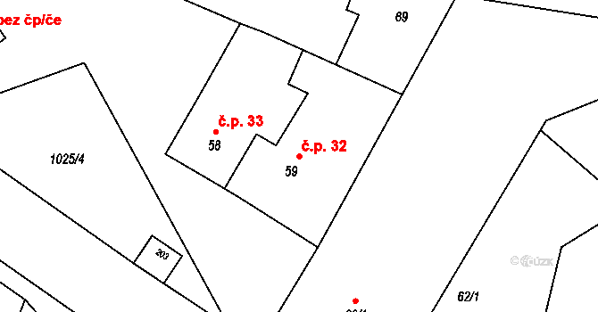 Panenský Týnec 32 na parcele st. 59 v KÚ Panenský Týnec, Katastrální mapa