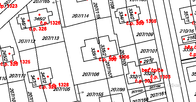 Sezimovo Ústí 306 na parcele st. 335/1 v KÚ Sezimovo Ústí, Katastrální mapa