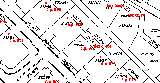 Lobzy 977, Plzeň na parcele st. 232/86 v KÚ Lobzy, Katastrální mapa