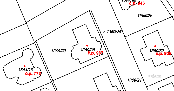 Černice 937, Plzeň na parcele st. 1369/38 v KÚ Bručná, Katastrální mapa
