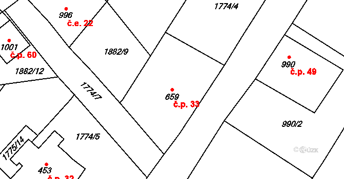 České Hamry 33, Vejprty na parcele st. 659 v KÚ České Hamry u Vejprt, Katastrální mapa