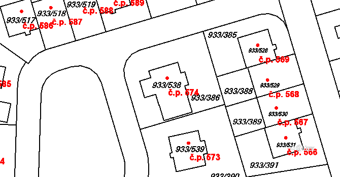 Satalice 574, Praha na parcele st. 933/538 v KÚ Satalice, Katastrální mapa