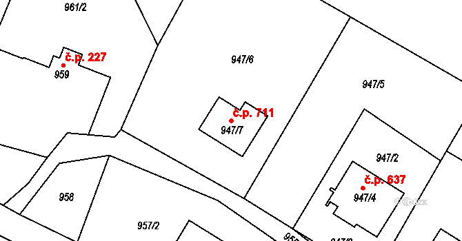 Fryčovice 711 na parcele st. 947/7 v KÚ Fryčovice, Katastrální mapa
