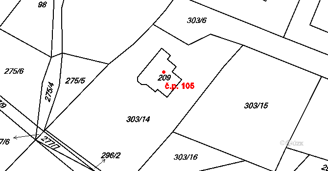 Skořice 105 na parcele st. 209 v KÚ Skořice, Katastrální mapa