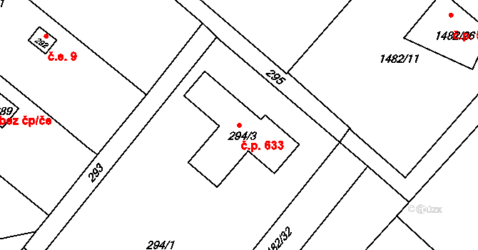 Štípa 633, Zlín na parcele st. 294/3 v KÚ Štípa, Katastrální mapa