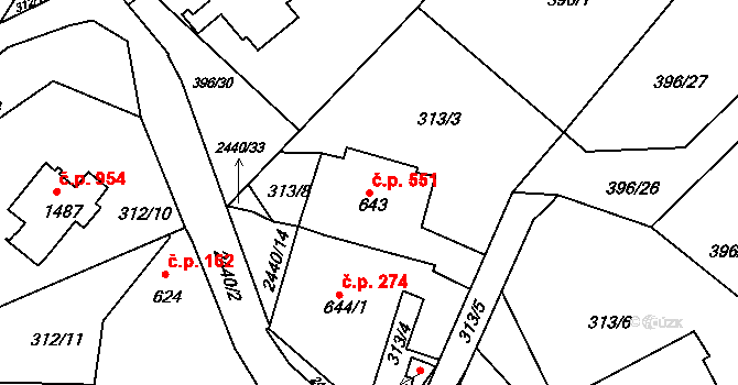 Luhačovice 551 na parcele st. 643 v KÚ Luhačovice, Katastrální mapa