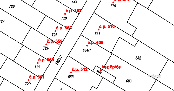 Drnovice 505 na parcele st. 684/1 v KÚ Drnovice u Vyškova, Katastrální mapa
