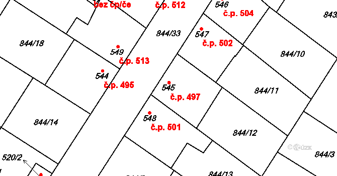 Kostelec nad Labem 497 na parcele st. 545/3 v KÚ Kostelec nad Labem, Katastrální mapa