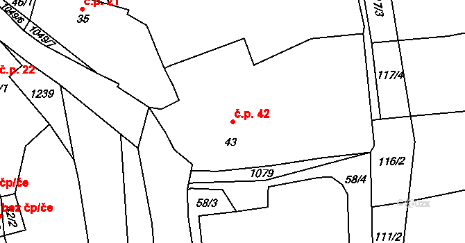Hříchovice 42, Zahořany na parcele st. 43 v KÚ Hříchovice, Katastrální mapa