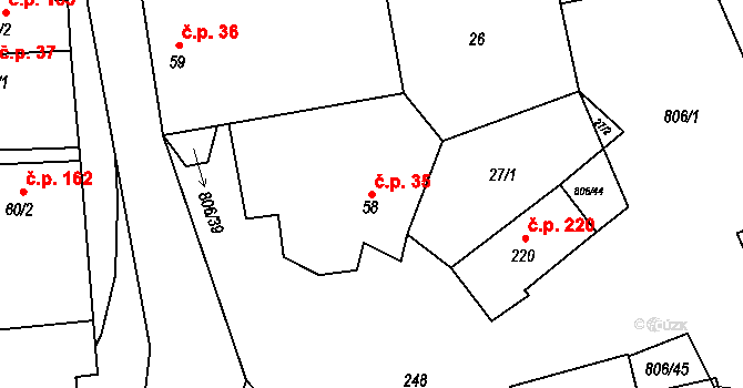Líšťany 35 na parcele st. 58 v KÚ Líšťany u Cítolib, Katastrální mapa