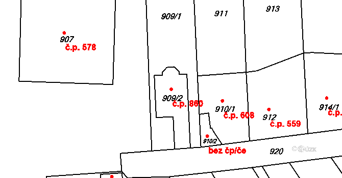 Podbořany 860 na parcele st. 909/2 v KÚ Podbořany, Katastrální mapa