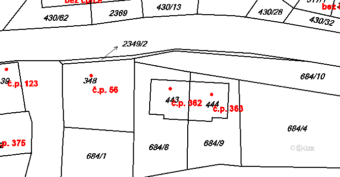 Křepice 362 na parcele st. 443 v KÚ Křepice u Hustopečí, Katastrální mapa