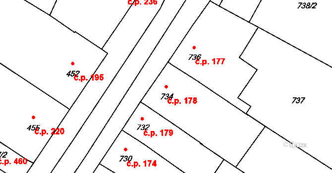 Moravský Žižkov 178 na parcele st. 734 v KÚ Moravský Žižkov, Katastrální mapa
