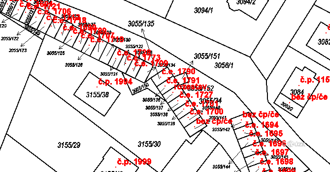 Děčín VI-Letná 1791, Děčín na parcele st. 3055/136 v KÚ Podmokly, Katastrální mapa