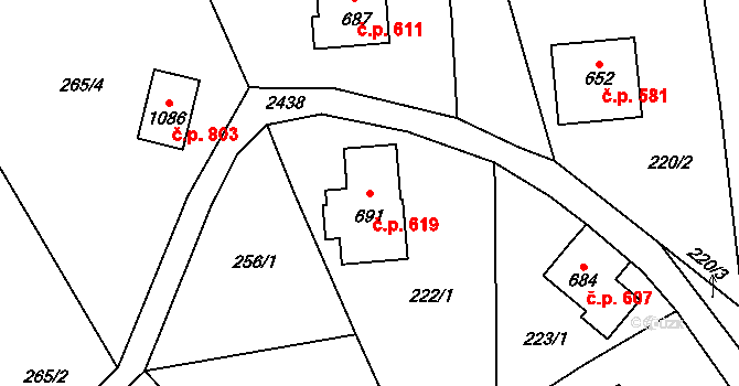 Lučany nad Nisou 619 na parcele st. 691 v KÚ Lučany nad Nisou, Katastrální mapa