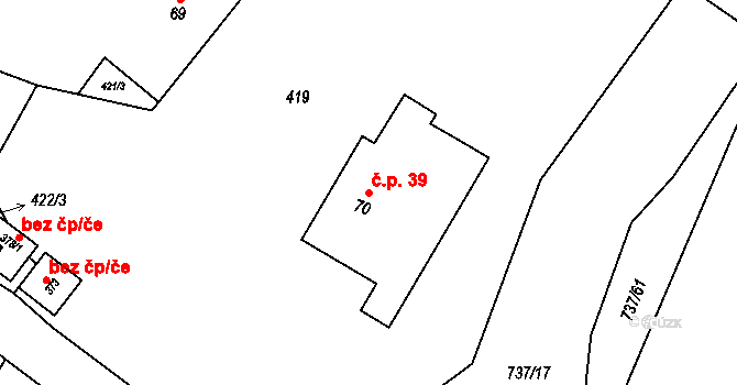 Bohutín 39 na parcele st. 70 v KÚ Bohutín, Katastrální mapa