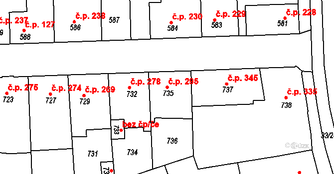 Švermov 295, Kladno na parcele st. 735 v KÚ Motyčín, Katastrální mapa