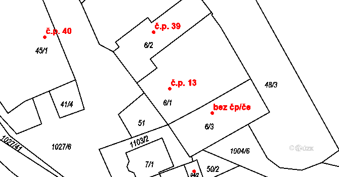 Lidéřovice 13, Peč na parcele st. 6/1 v KÚ Lidéřovice, Katastrální mapa