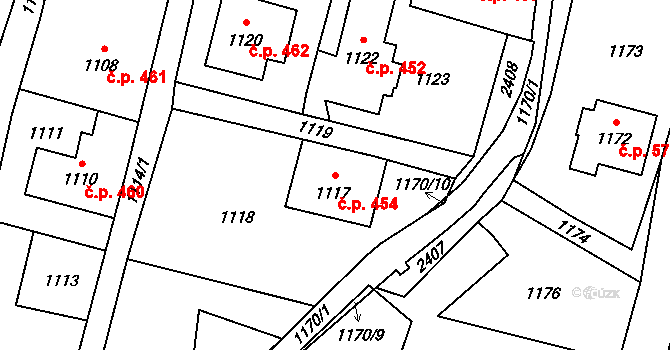 Lipová-lázně 454 na parcele st. 1117 v KÚ Dolní Lipová, Katastrální mapa