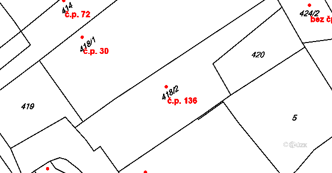 Žerotín 136 na parcele st. 418/2 v KÚ Žerotín, Katastrální mapa
