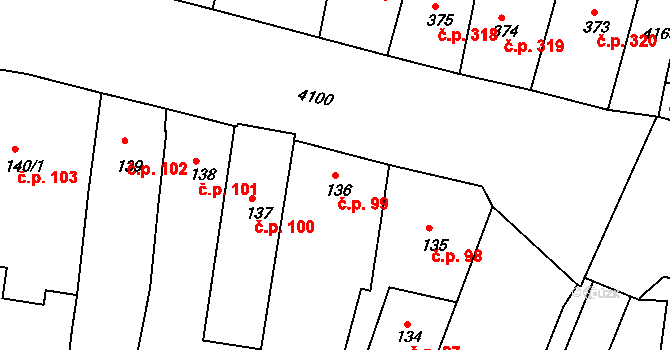 Roudnice nad Labem 99 na parcele st. 136 v KÚ Roudnice nad Labem, Katastrální mapa