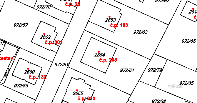 Ostrovské Předměstí 208, Lanškroun na parcele st. 2654 v KÚ Lanškroun, Katastrální mapa