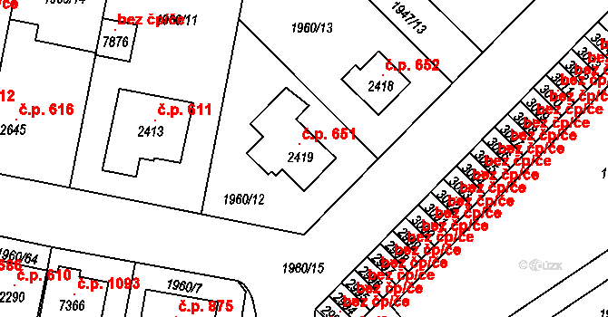 Borovina 651, Třebíč na parcele st. 2419 v KÚ Třebíč, Katastrální mapa