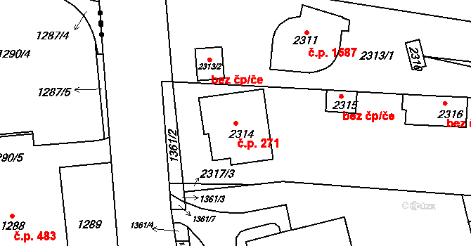 Husovice 271, Brno na parcele st. 2314 v KÚ Husovice, Katastrální mapa